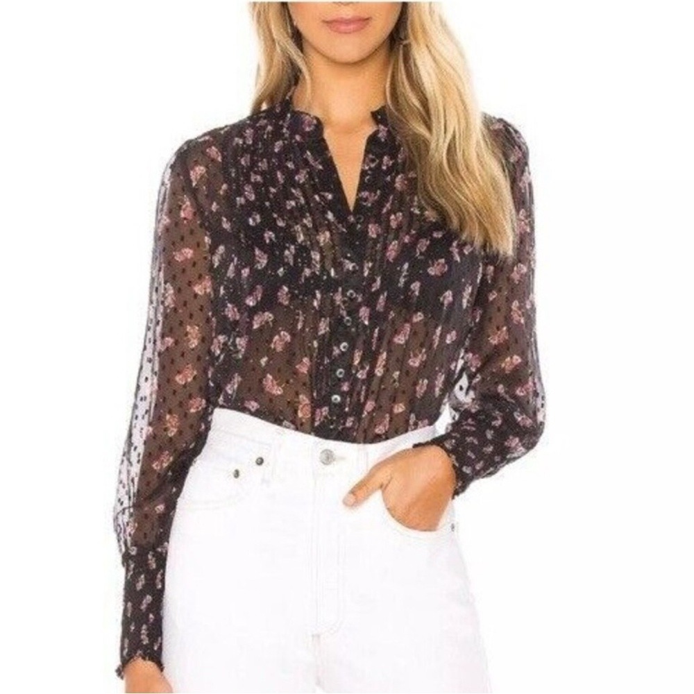 Free People "Flowers in December" Sheer Black Rose Blouse – Women's Small